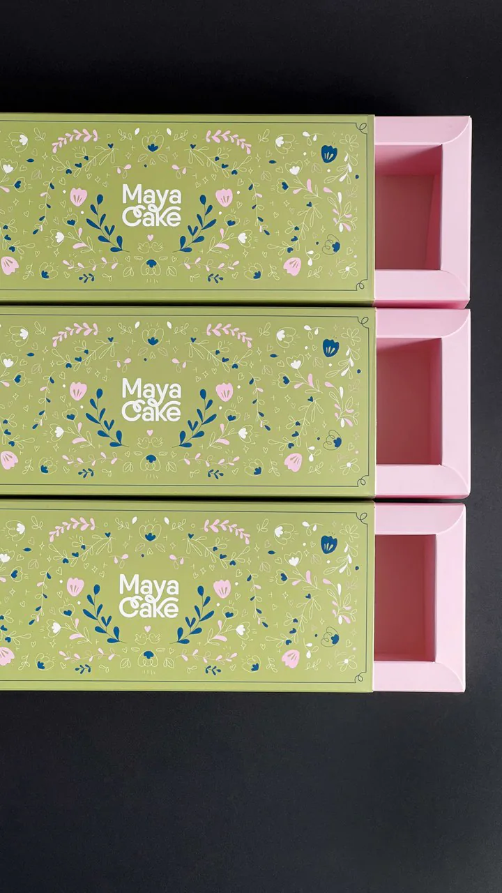 Drawer & lid-bottom boxes with custom print — Sabona project for Maya Cake